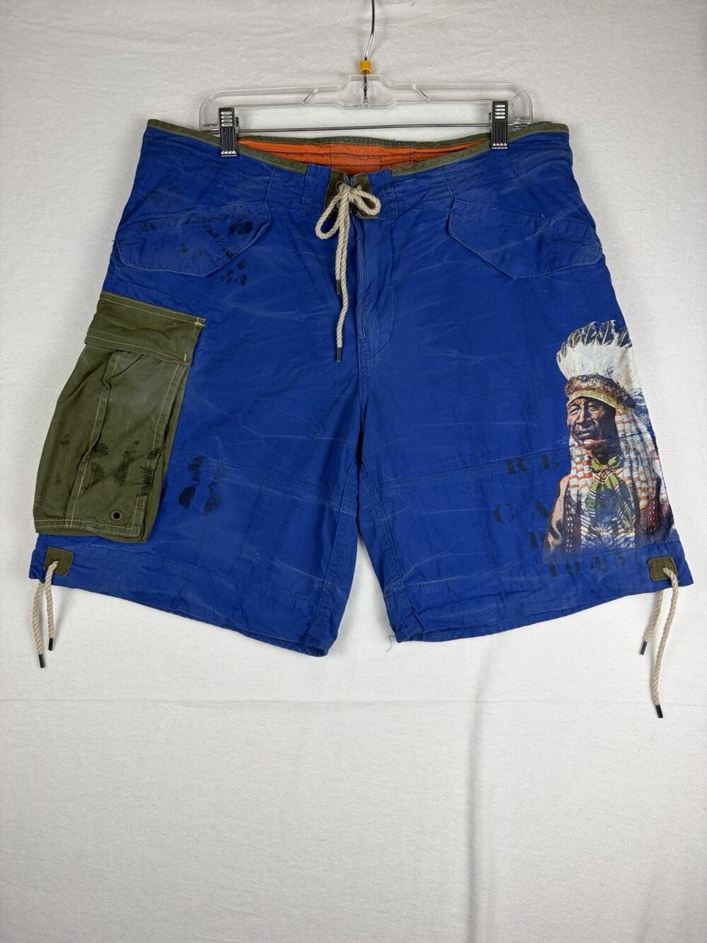 Polo Ralph Lauren Cargo Shorts Mens Blue Indian Head Military Utility Drawstring